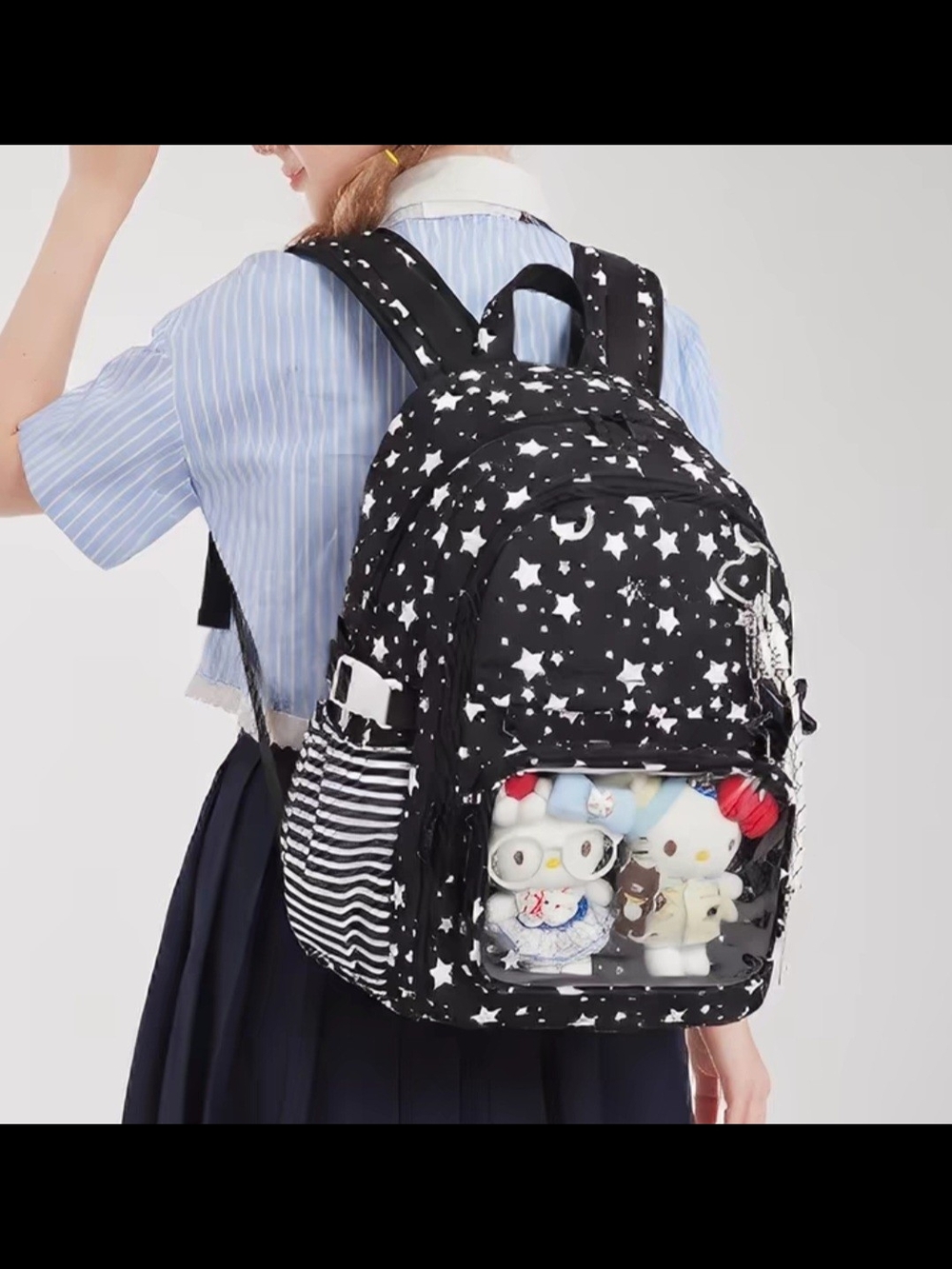 NWT Aorda Star Print Black Ita Nylon Backpack with Clear Front Pocket